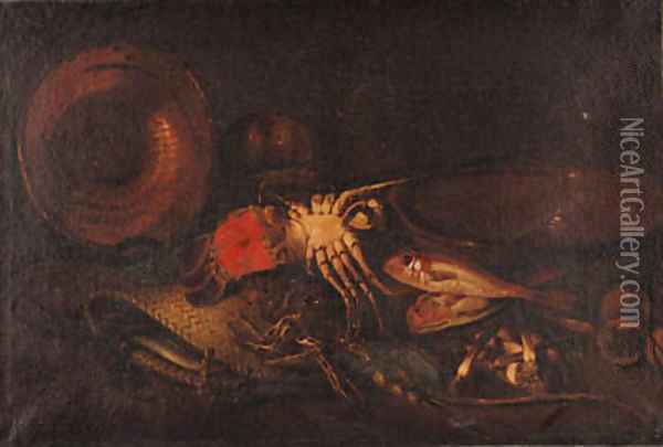 Lobsters, a basket, an upturned copper dish, red mullet, a terracotta bowl on a ledge Oil Painting - Felice Boselli