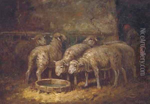 Sheep watering in a stable Oil Painting - Charles Emile Jacque