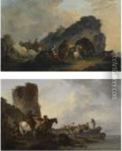 A Coastal Landcape With Figures Loading Boats Beside A Ruined Towers Oil Painting - Philip Jacques de Loutherbourg