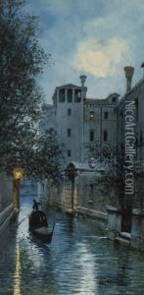 Nachtlicher Venezianischer
 Kanal. Oil Painting - Natale Gavagnin