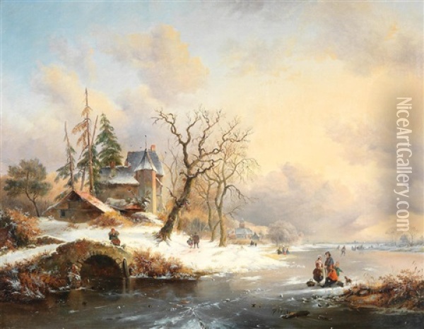 Winter Landscape With Figures Near A Mansion Oil Painting - Frederik Marinus Kruseman