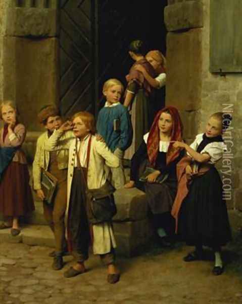 Schoolchildren Watching a Boy Cry 1861 Oil Painting - Friedrich Edouard Meyerheim