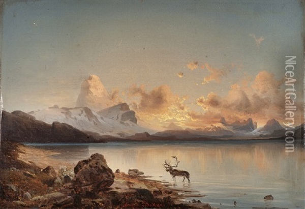 Aftenstemning Med Rein Oil Painting - Magnus Thulstrup Bagge