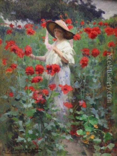 Young Woman In The Flowers (jeune Femmes Dans Les Fleurs) Oil Painting - Alexandre Francois Bonnardel