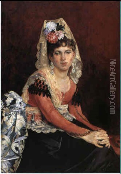 Spanierinde Med Mantilla Prydet Med Blomster Oil Painting - Virgilio Mattoni de la Fuente