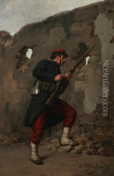 Infantry Soldier Behind Rampart Oil Painting - Paul Louis Narcisse Grolleron