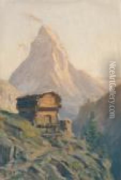 Alp Mit Walliser Stadel Vor Matterhorn Oil Painting - Albert H. Gos