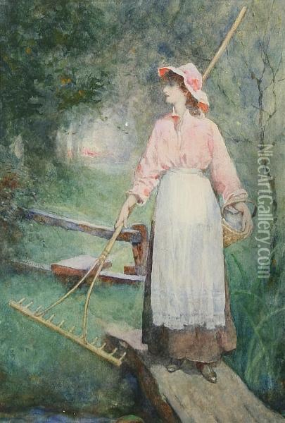 Maid On A Wooded Lane With Basket And Rake Oil Painting - David Woodlock