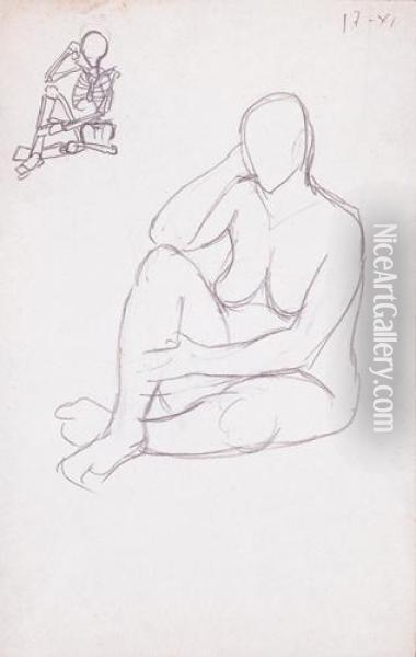 Estudio De Desnudo Femenino Y Esqueleto Oil Painting - Julio Gonzalez