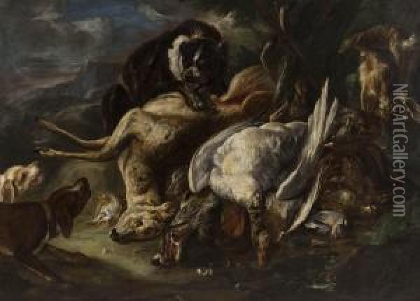 Cane A Guardia Della Cacciagione In Un Paesaggio Oil Painting - Baldassare De Caro