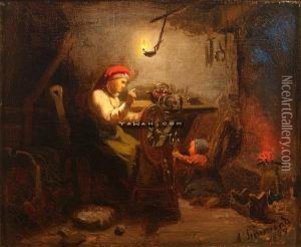 Mor Og Barn I Interior Oil Painting - Adolphe Tidemand