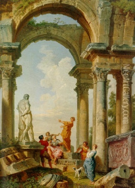 Figures In A Classical Archway Oil Painting - Giovanni Paolo Panini