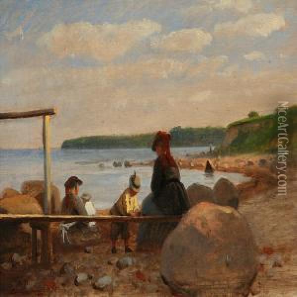 Children And Theirmothers On Lundeborg Beach, Denmark Oil Painting - Anton Laurids J. Dorph