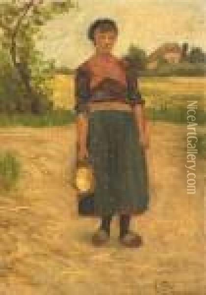 Farmer Girl. Oil On Cardboard. Signed Oil Painting - Evert Pieters