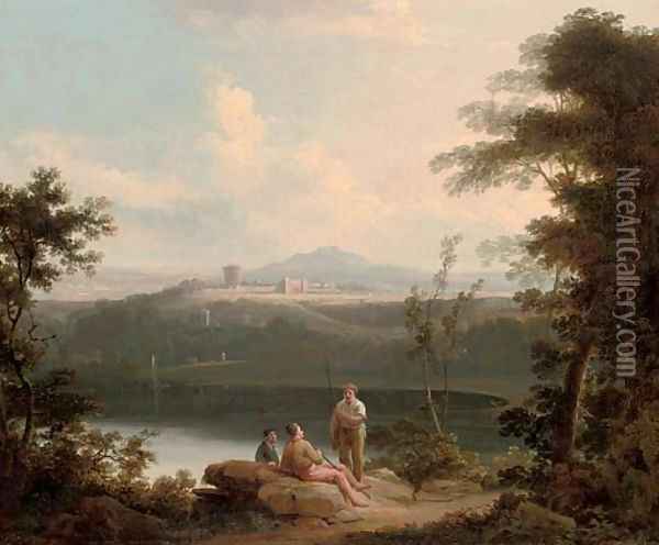 An Italianate wooded river landscape with anglers conversing on the bank with classical buildings beyond Oil Painting - Richard Wilson
