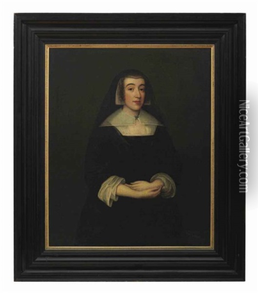 Portrait Of A Lady, Standing, Wearing A Black Dress With A White Collar And A Black Veil Oil Painting - Cornelis Jonson Van Ceulen
