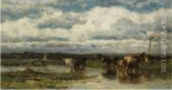 Cows On A River Bank In A Summer Landscape Oil Painting - Willem Roelofs