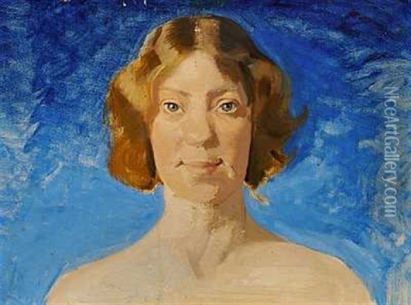 Portraet Af Malerinden Bertha Dorph Set Mod Bla Baggrund Oil Painting - Harald Slott-Moller