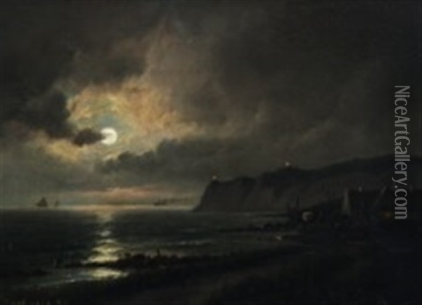 Coastal Scenery In The Moonlight Oil Painting - Carl Ludwig Bille