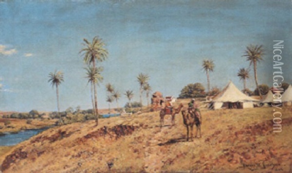 Beduinen Auf Kamelen An Einem Fluss Oil Painting - Holger Hvitfeldt Jerichau