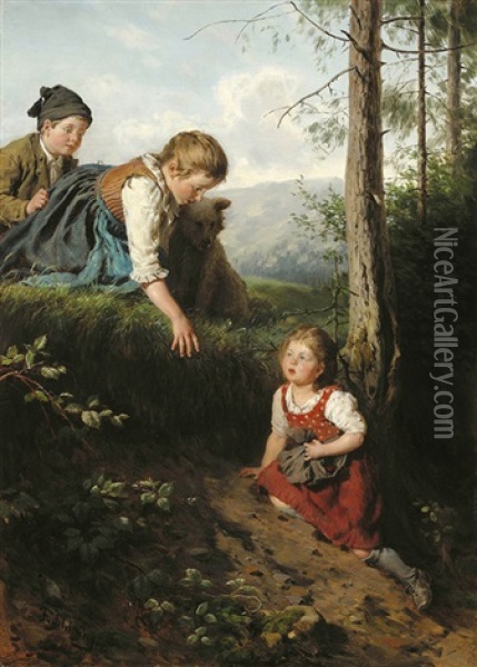 Three Children Picking Berries In The Forest Oil Painting - Felix Schlesinger