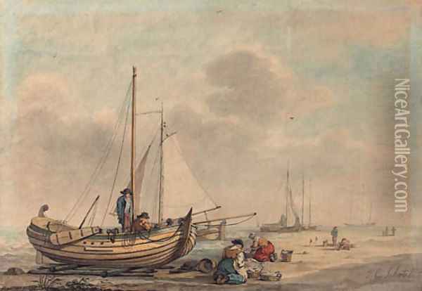 Fisherfolk with their boats on the beach Oil Painting - Dutch School