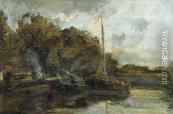 Moored Sailing Barges Along A Canal Oil Painting - Jacob Henricus Maris