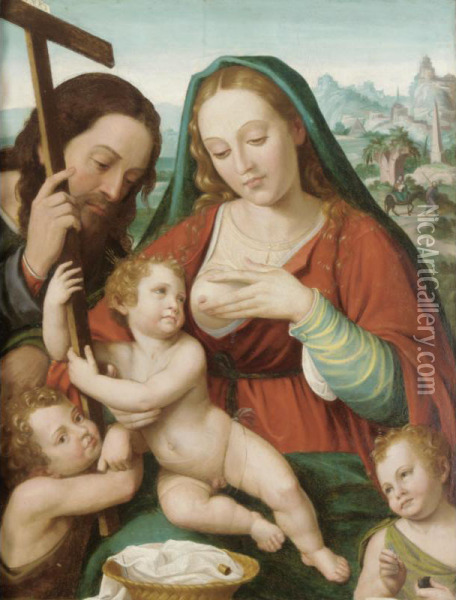 The Holy Family With The Infant Saint John Ther Baptist And An Angel Oil Painting - Joan De Joanes