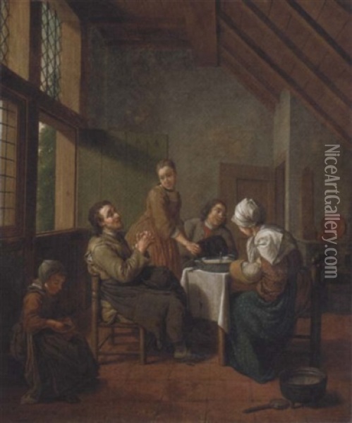 A Kitchen Interior With A Family At A Meal Oil Painting - Jan Josef Horemans the Younger