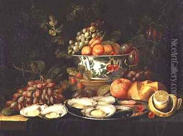 Still Life with Fruit and a Plate of Oysters Oil Painting - Jan Pauwel Gillemans The Elder
