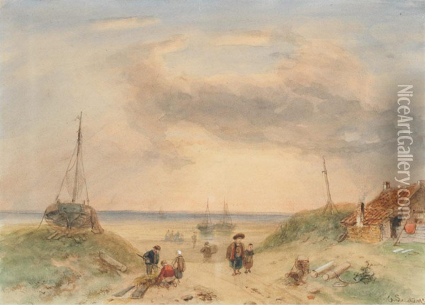 Fisherfolk On The Coast Oil Painting - Charles Henri Leickert