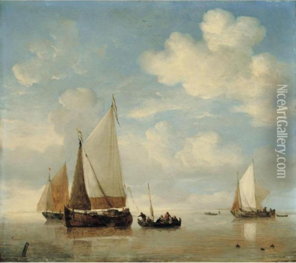 Calm - Dutch Smalschips And A Rowing Boat In A Light Air Oil Painting - Willem van de, the Elder Velde