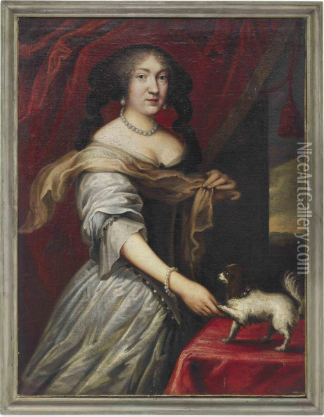 Portrait Of A Lady, Three-quarter-length, In A White Silk Dress, Apuppy By Her Left Hand Oil Painting - Louis Ferdinand (the Elder) Elle