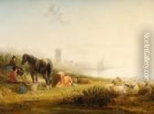 Travellers With Horse, Sheep And Cattle, Bythe Coast Oil Painting - Snr William Shayer