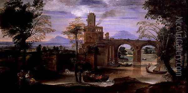 Roman Landscape with a Bridge Oil Painting - Annibale Carracci