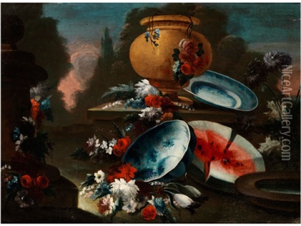 Stilleben Mit Parkvase, Porzellanschalen, Blumen Und Kurbis In Einer Parklandschaft Oil Painting - Giuseppe Lavagna