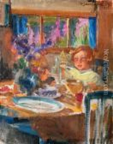 Agirl At Table Oil Painting - Venny Soldan-Brofelt