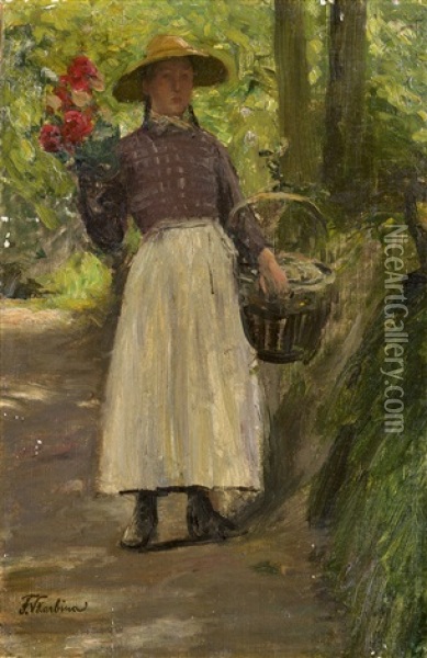 Blumenmadchen Auf Einem Waldweg Oil Painting - Franz Skarbina