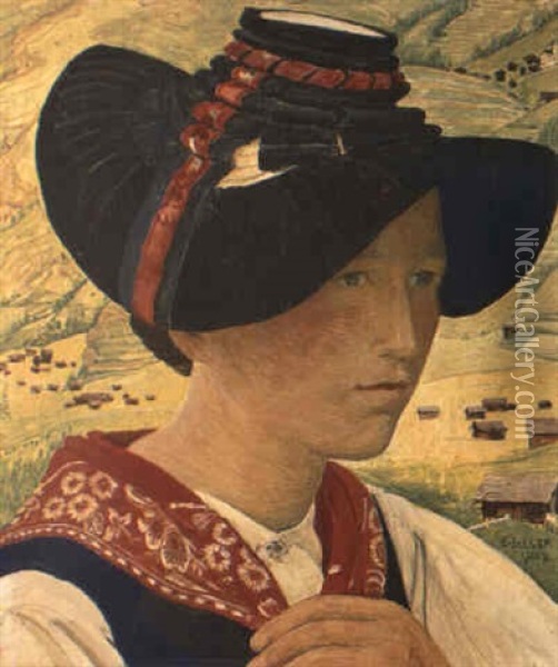 Bildnis Einer Jungen Frau In Der Tracht Von Evolene Oil Painting - Ernest Bieler