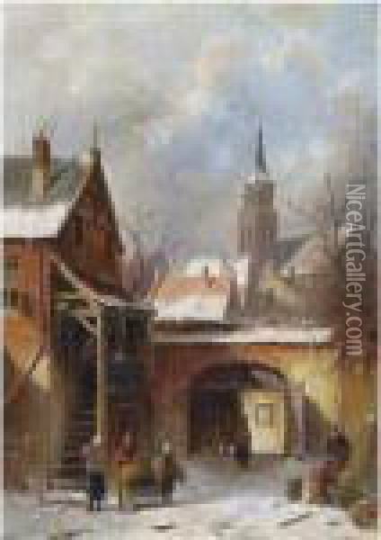 A Towngate In Winter Oil Painting - Charles Henri Leickert