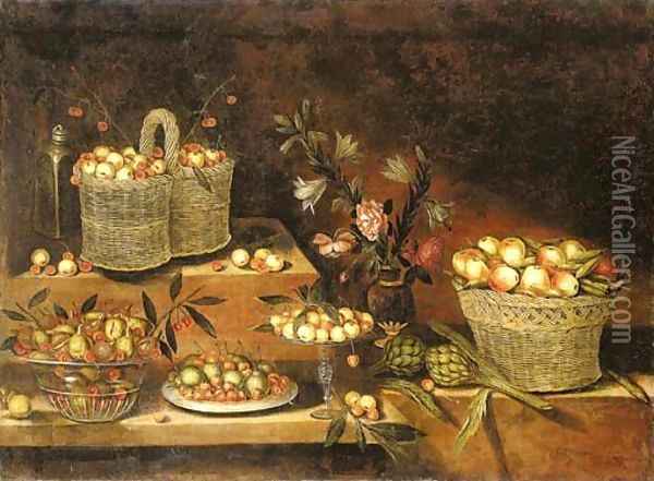 A glass bowl, a pewter plate, a tazza and wicker baskets with cherries, apples, pears, figs and other fruits, with a vase of flowers and artichokes Oil Painting - Antonio Ponce