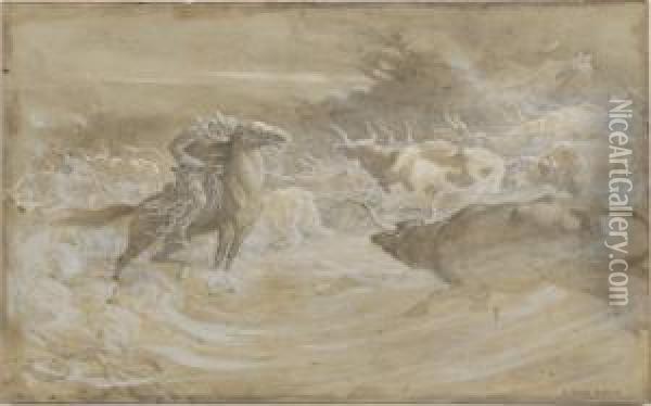 A Herd Of Cattle And Acowboy In A Sandstorm Oil Painting - Elmer Boyd Smith
