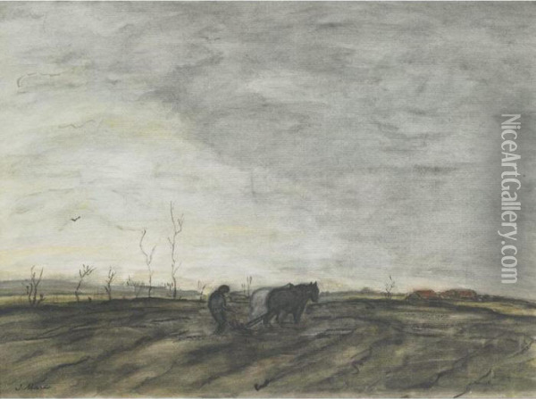 Farmer And Team Ploughing The Field Oil Painting - Jacob Henricus Maris