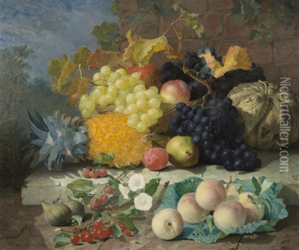 Still Life Of Summer Fruits In A Basket On A Stone Ledge Oil Painting - Eloise Harriet Stannard