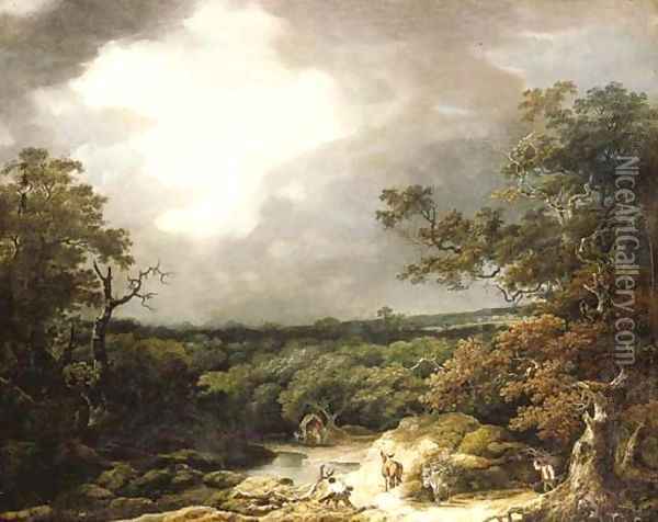A stormy wooded landscape with faggot gatherers by a river Oil Painting - Thomas Barker of Bath