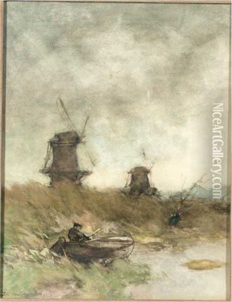 An Angler In A Polderlandscape With Windmills Beyond Oil Painting - Jan Hendrik Weissenbruch