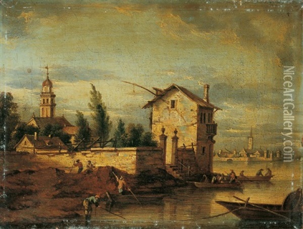Venezianisches Capriccio. Dorfer An Der Brenta Oil Painting - Heinrich Hirzel