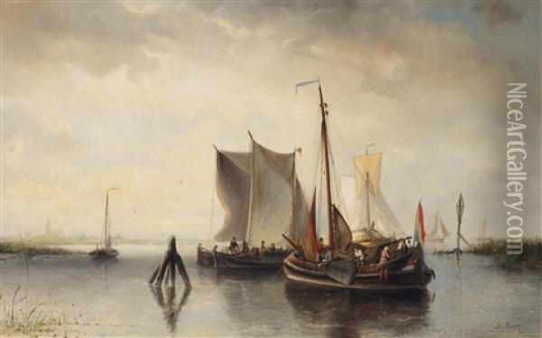 A River Landscape With Vessels In An Estuary Oil Painting - Nicolaas Riegen