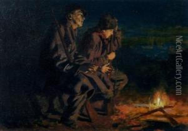 Two Polish Soldiers At A Campfire Oil Painting - Feliks M. Wygrzywalski