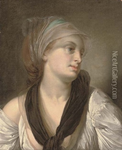 Portrait Of A Lady In A White Dress And Black Shawl, A Blue And White Scarf In Her Hair Oil Painting - Jean Baptiste Greuze